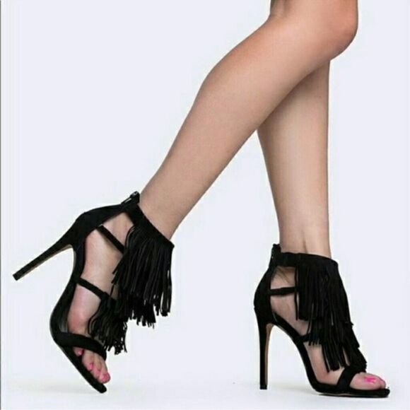 a.n.a |  Black Terry Fringe Heels size 6 - Picture 1 of 8